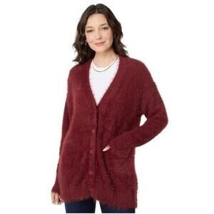 Splendid Women RED FUZZY Button Cardigan Sweater Size S Luxury SOFT Pockets